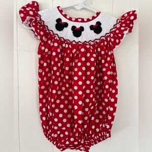 Pleats & Stitches Mouse Ears Smocked Romper Red Polka Dot Minnie Bubble 6 Months